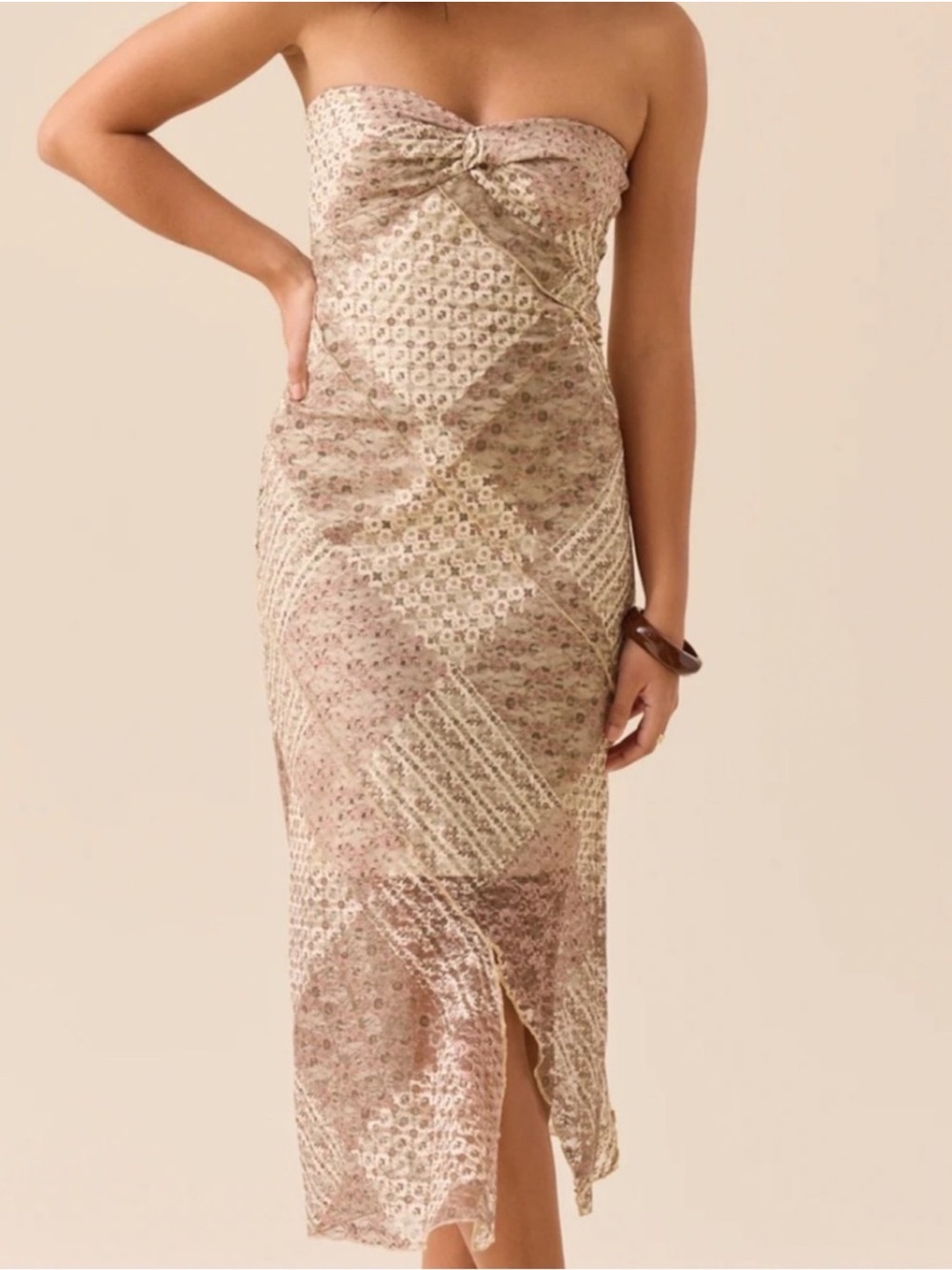 NWT Altar'd State Strapless Patchwork Lace Midi Dress in Neutral Floral Tones